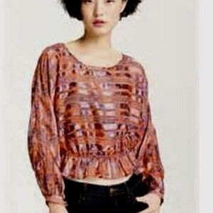 FREE PEOPLE Blouse XS LAST STOP Keyhole‎ Chinoiserie Flowers Peplum Metallic